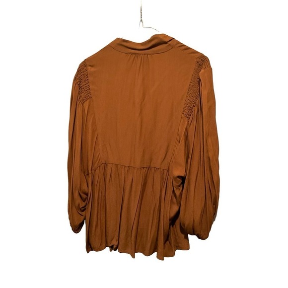 Zara Basics Blouse Top Women's Size L Brown Long Sleeve Knotted Neck Pullover - Picture 2 of 6